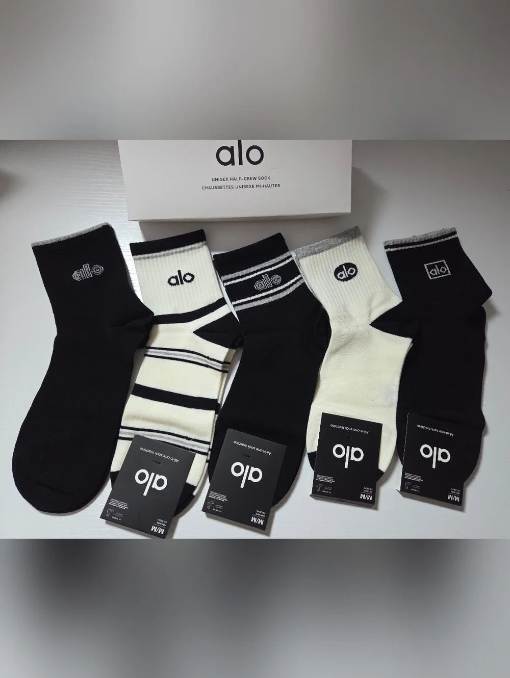 ALO Yoga Men’s Crew Socks – Black & White Stripe & Solid 3-Pack